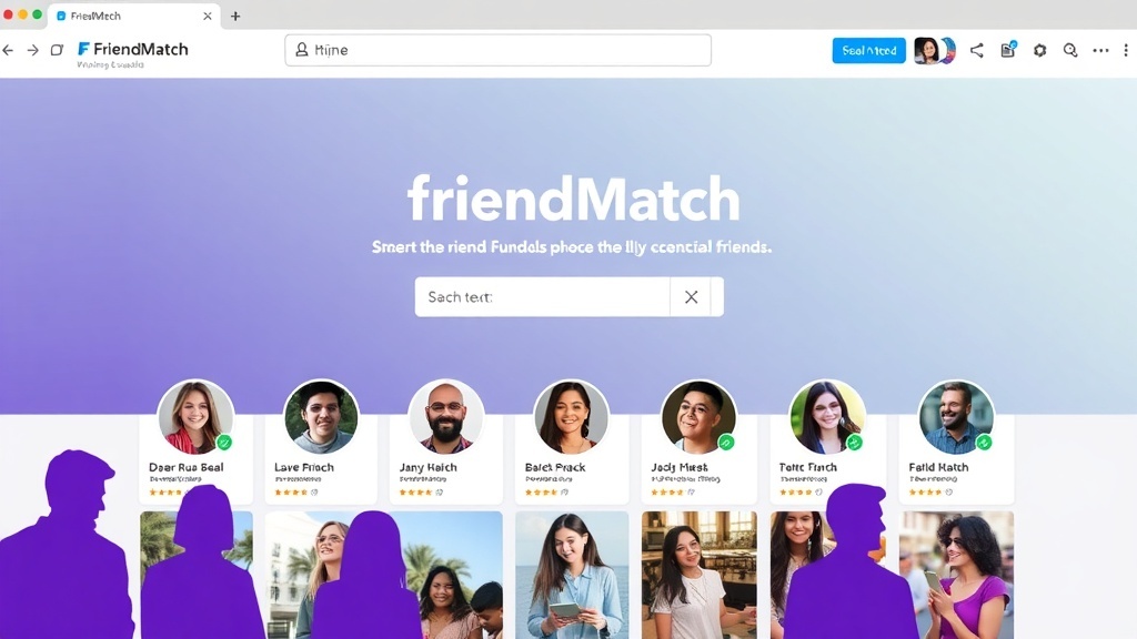 Screenshot of FriendMatch website showing user profiles and a search bar.