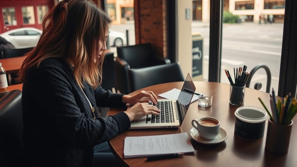 A person typing on a laptop in a café with a cup of coffee and colorful pens on the table.