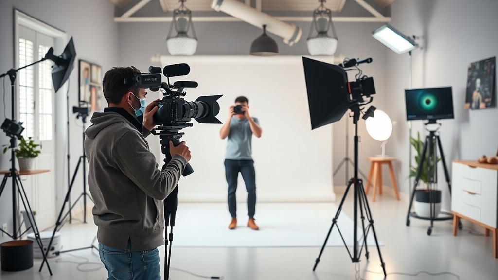 A content creation studio with a person filming and another preparing to speak.