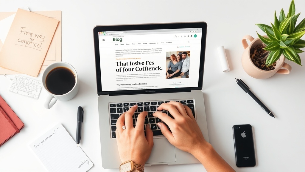 A person typing on a laptop with a blog open, surrounded by a cup of coffee, notes, and a small plant.