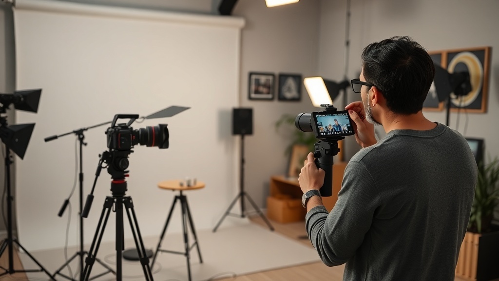 A person filming in a professional studio setup with cameras and lighting.