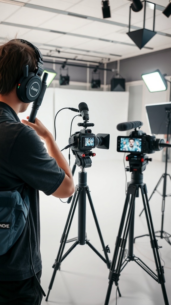 A person setting up cameras and equipment for a YouTube video shoot.