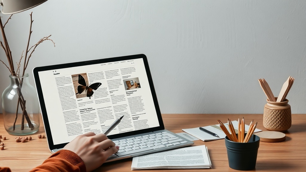 A cozy workspace with a laptop displaying a blog layout, pens, and notepads.