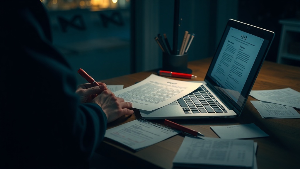 A person editing documents at night with a laptop and papers on a desk.