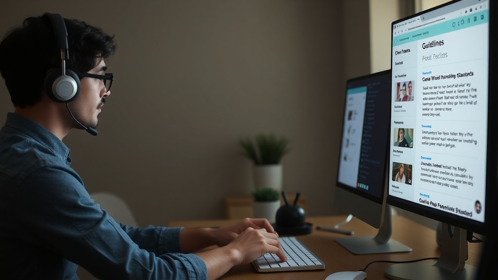 A person wearing headphones working on a computer, reviewing content guidelines on the screen.