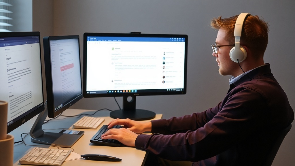 A person working on content moderation tasks at a desk with two monitors and headphones.