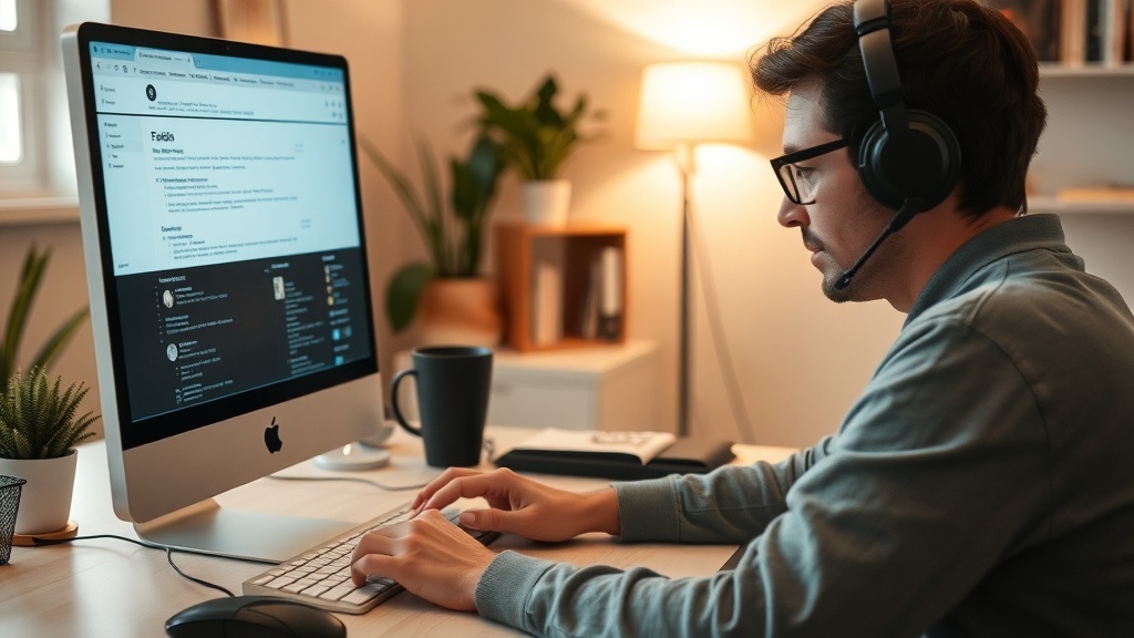 A person working from home on a computer with headphones, focused on content moderation tasks.