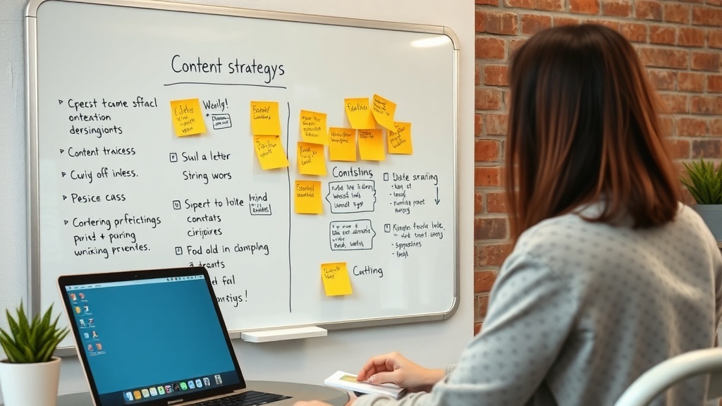 A person sitting at a desk with a laptop, looking at a whiteboard filled with notes and content strategy ideas.