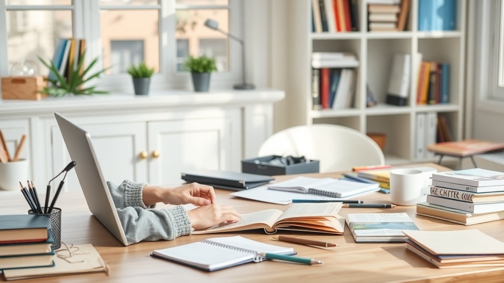 A cozy workspace with a laptop, books, and notebooks, ideal for a content writer.