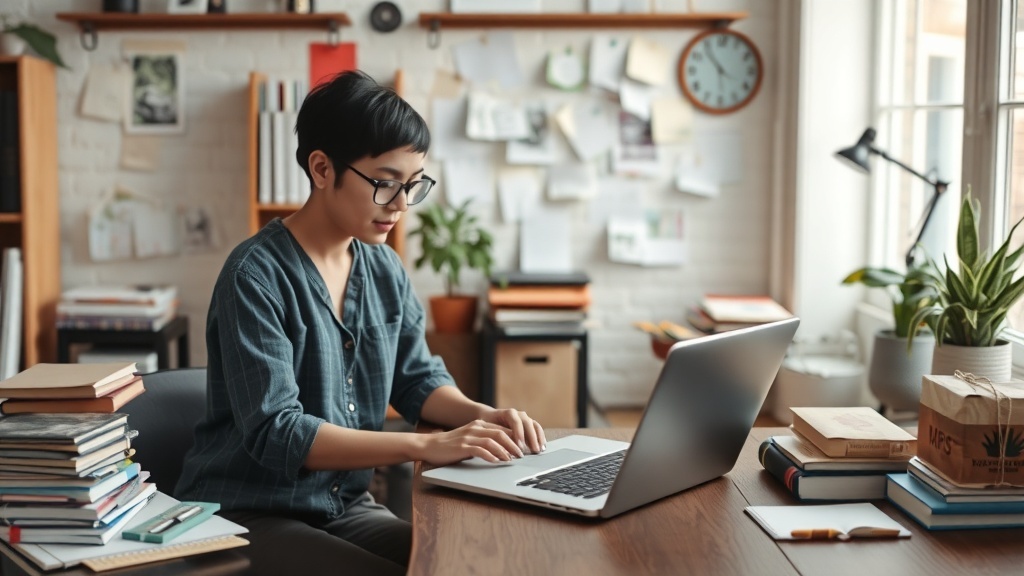 A person working on a laptop in a cozy workspace filled with books and notes.
