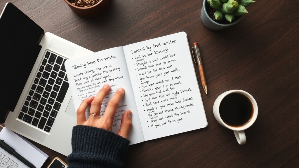A cozy workspace with a laptop, a notebook with handwritten notes, a cup of coffee, and a small plant.