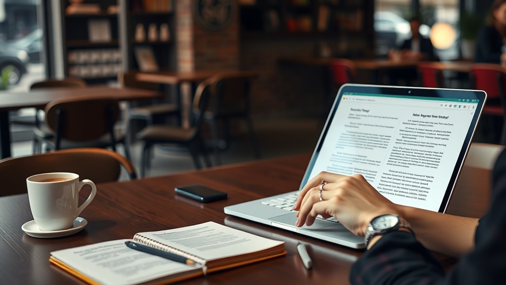 A person typing on a laptop in a cozy café setting, with a cup of coffee and notes on the table.