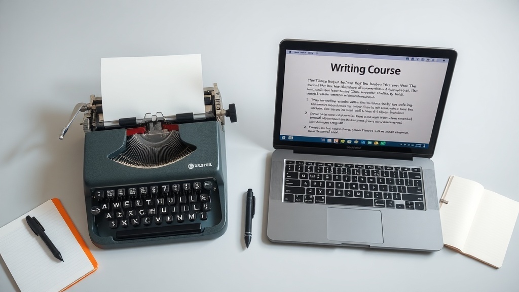 A typewriter next to a laptop displaying a writing course, with notebooks and pens.