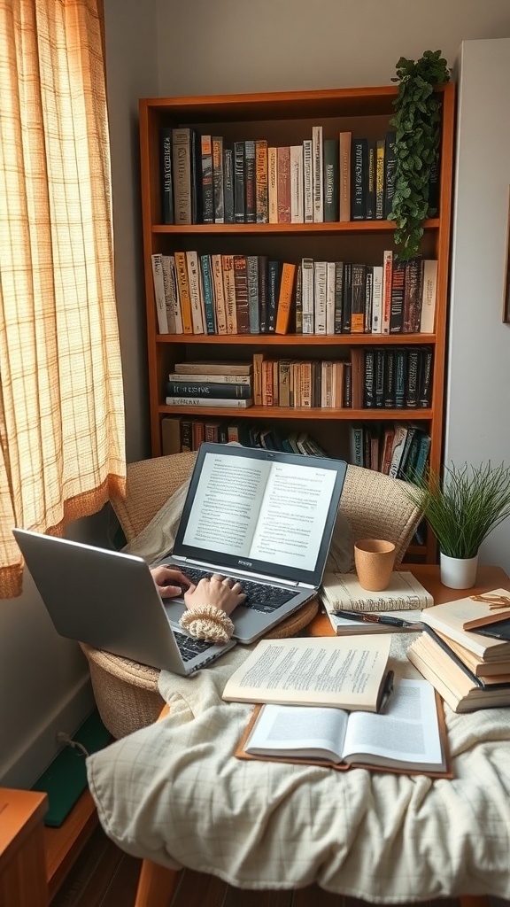 A cozy workspace with a laptop, books, and a plant, ideal for content writing.