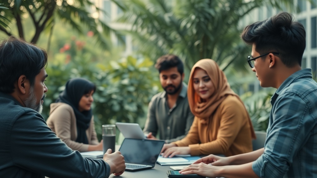 A diverse group of people collaborating outdoors, discussing ideas and working on projects.