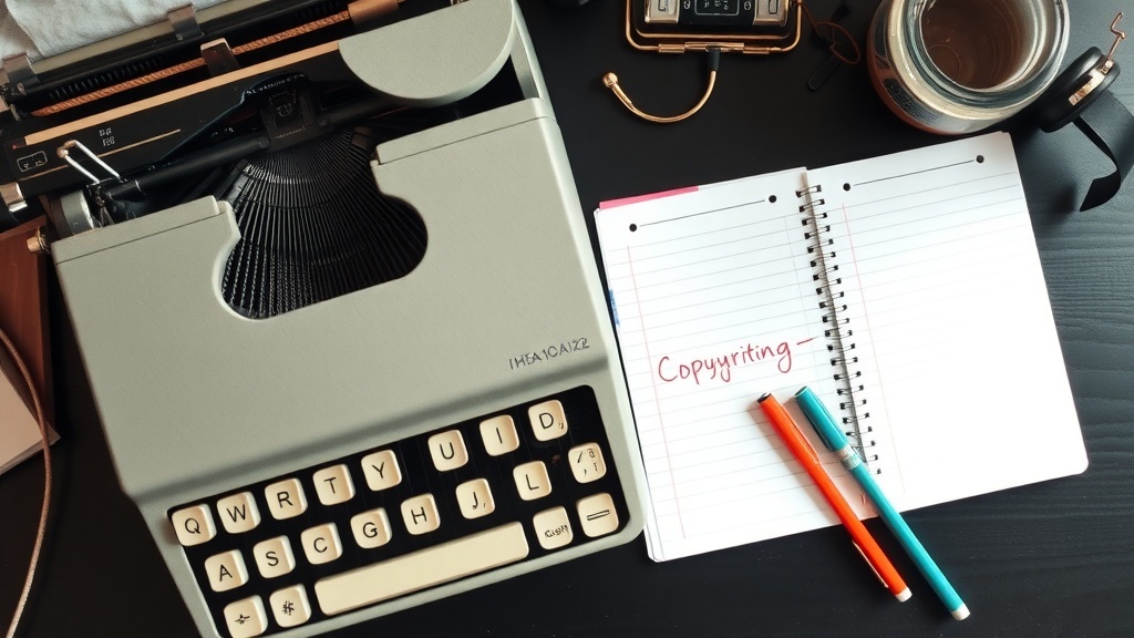 A vintage typewriter next to a notebook with the word 'Copywriting' written on it, along with colorful pens.
