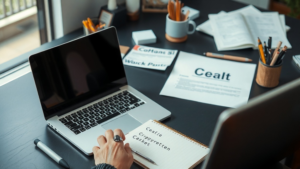 A workspace with a laptop, notebooks, and writing materials, illustrating the process of copywriting.