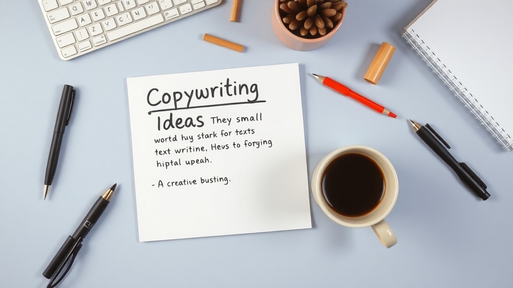 A workspace with a notepad that has 'Copywriting Ideas' written on it, surrounded by pens, a coffee cup, and a keyboard.