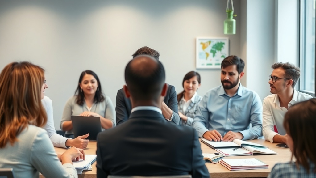 A group of professionals in a meeting room discussing corporate training strategies.