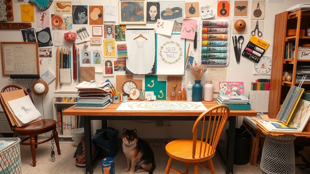 A cozy crafting workspace filled with art supplies, sketches, and a dog.