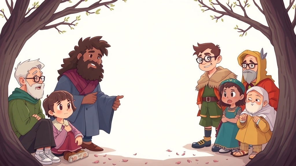 A diverse group of animated characters sitting under a tree, each displaying unique expressions and traits.