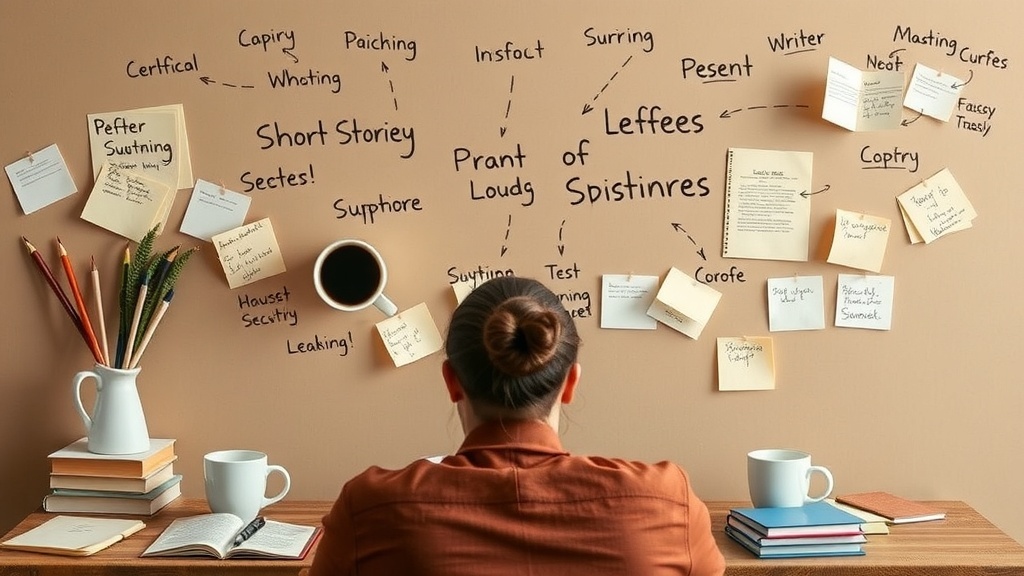 A person sitting at a desk with a wall covered in notes and ideas for writing stories.
