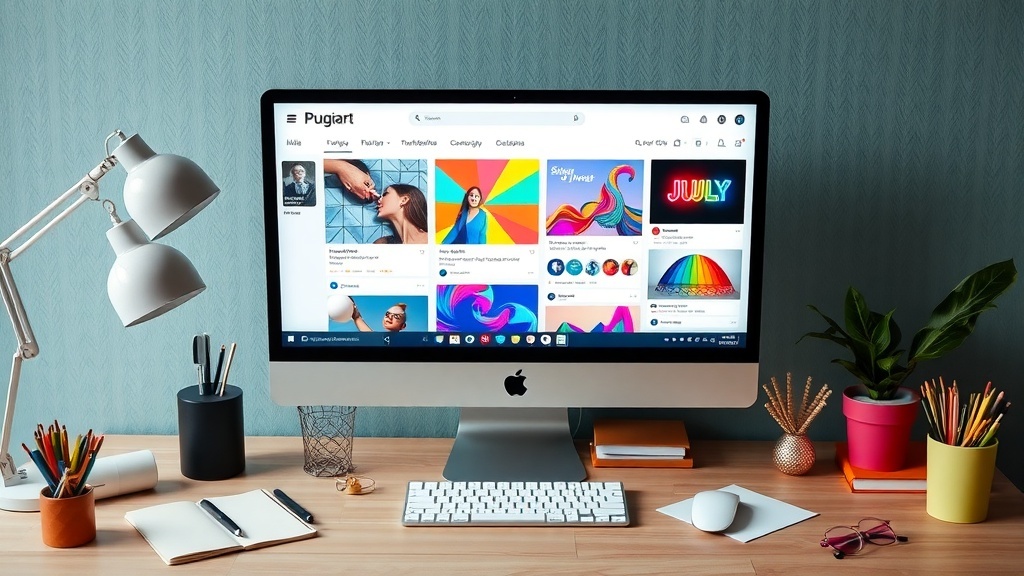 A workspace with an iMac displaying colorful social media designs and a lamp, surrounded by stationery and plants.