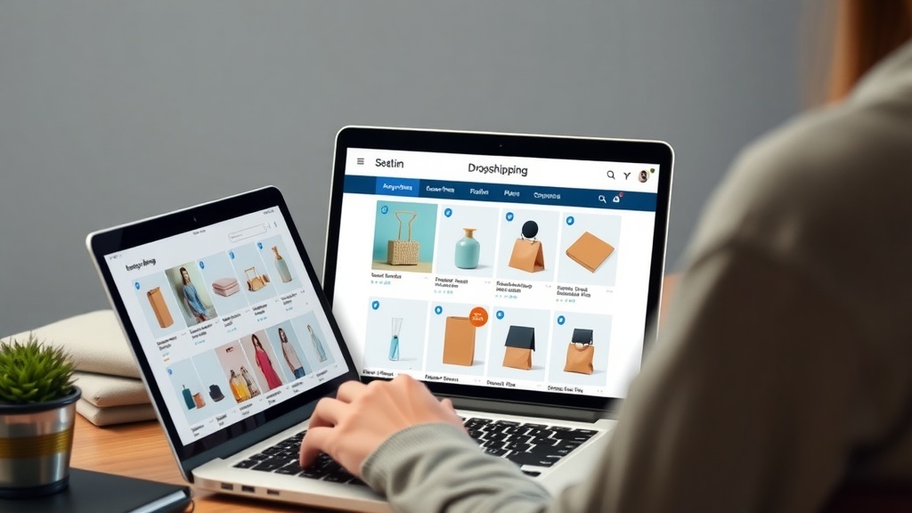 A person working on two laptops, exploring dropshipping products online.