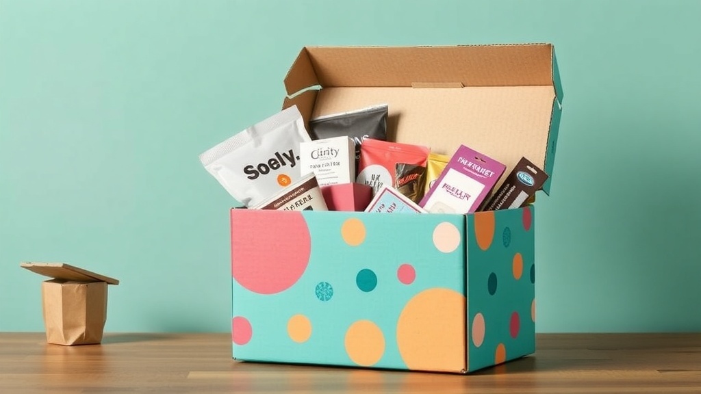 A colorful subscription box filled with various products on a wooden table.