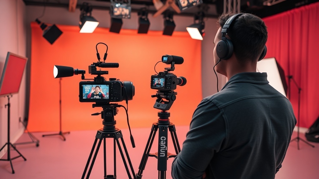 A person setting up cameras and lighting for a YouTube video shoot.