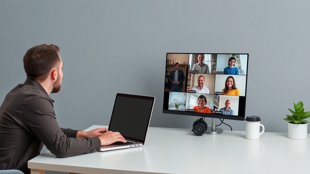 A person participating in a virtual meeting with multiple attendees on a computer screen.