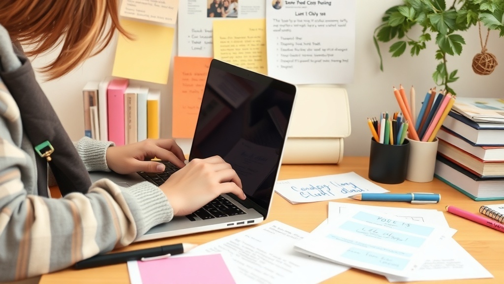 A person typing on a laptop surrounded by colorful notes and stationery, representing the creative process of blogging or vlogging.