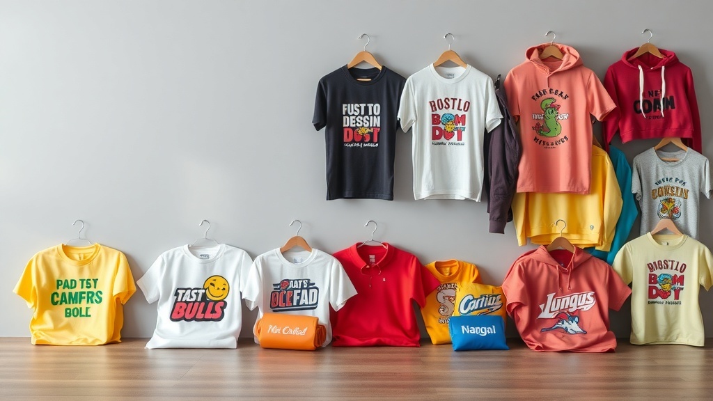 A variety of colorful t-shirts and hoodies displayed on hangers, showcasing different designs and slogans.