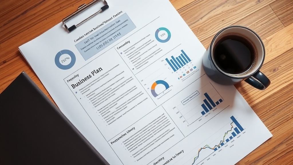 A business plan document with graphs and a coffee cup on a wooden table.