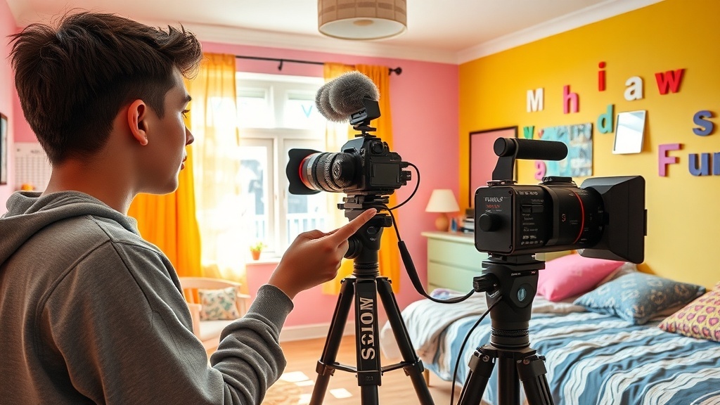 A young person setting up cameras in a colorful room for a YouTube video.