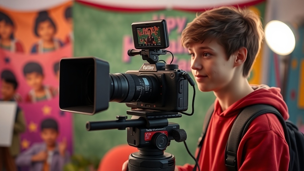 A young person filming with a camera for a YouTube channel, set against a colorful background.