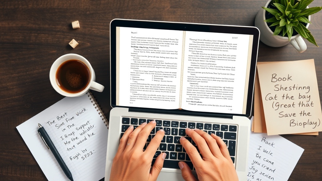 A person typing on a laptop with an open e-book on the screen, a cup of coffee nearby, and notes on the table.
