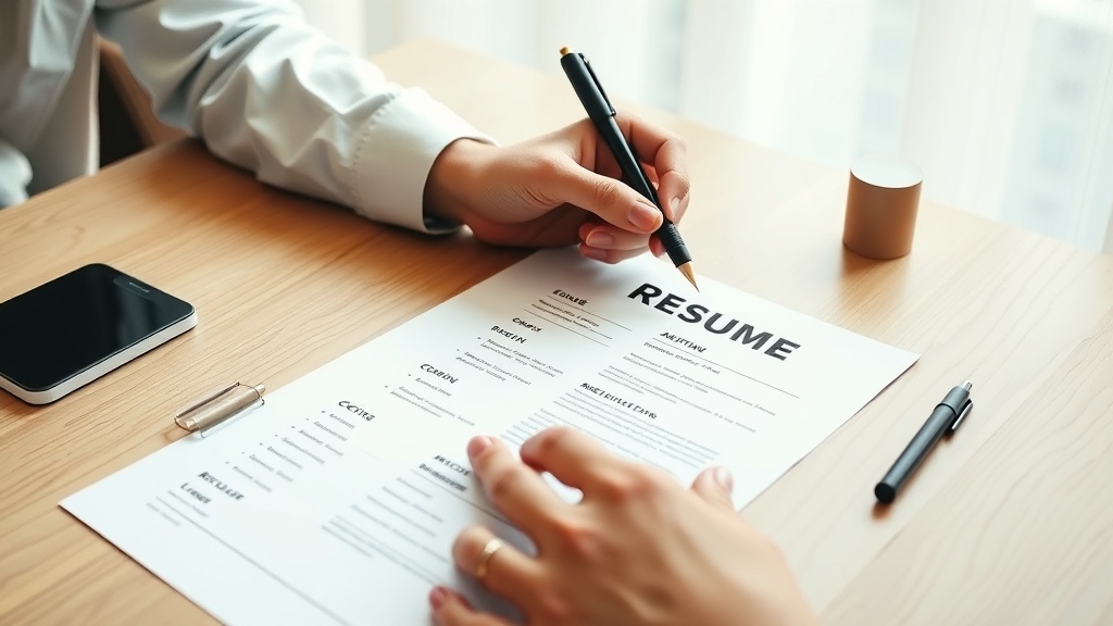 A person reviewing a resume on a wooden table with a pen in hand.