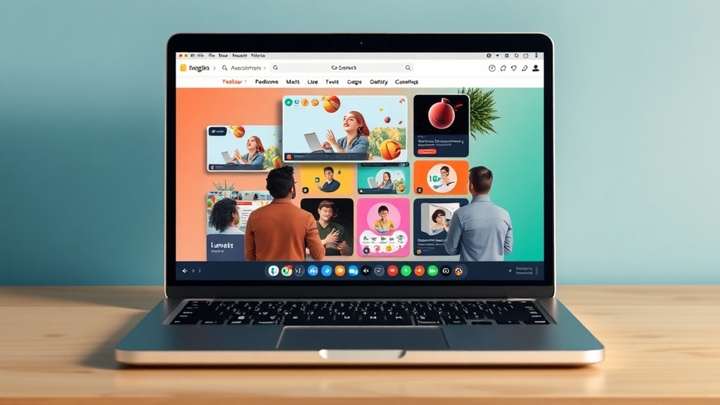 A laptop displaying a colorful online course platform with various engaging elements.