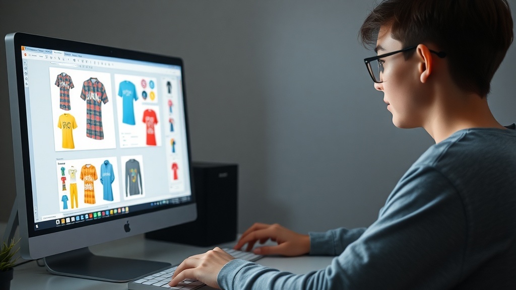 A teenager designing custom t-shirts on a computer.