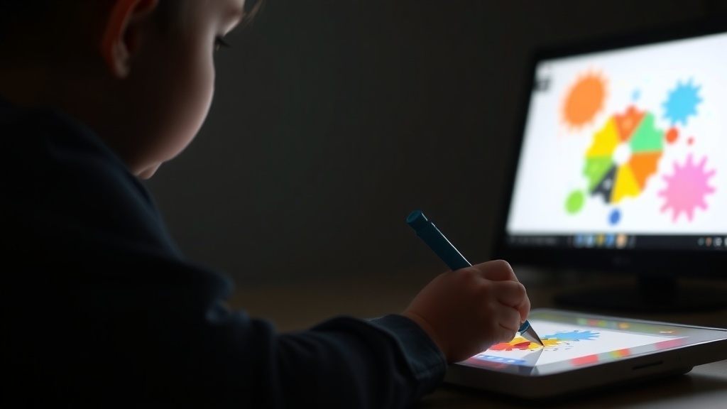 A child drawing on a tablet with colorful designs on the screen.