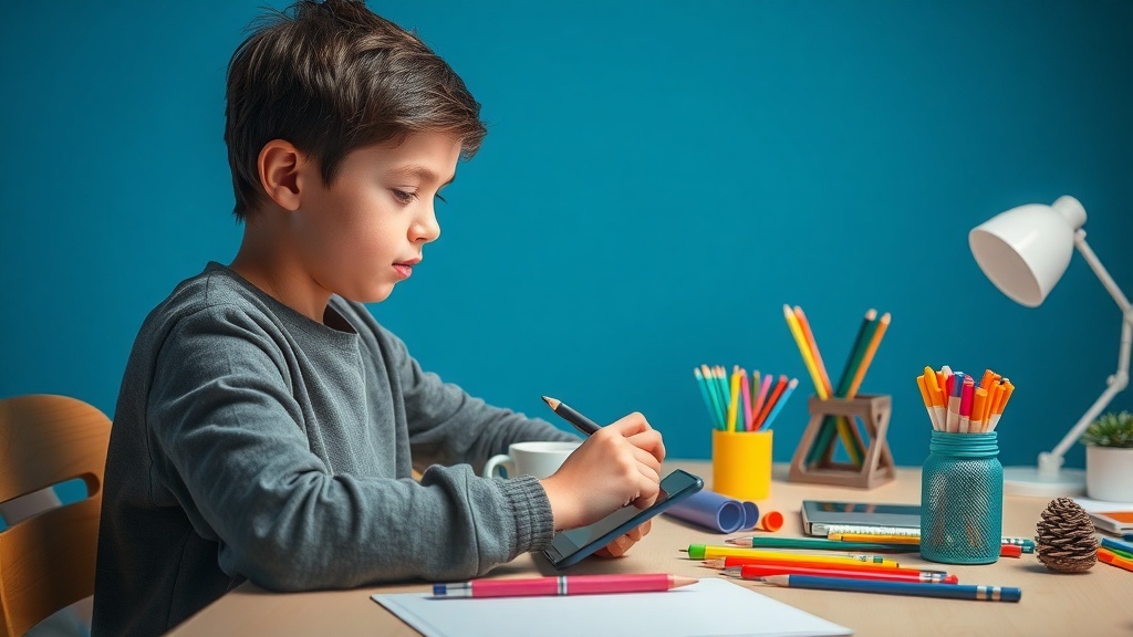 A young boy drawing at a desk surrounded by colorful art supplies.