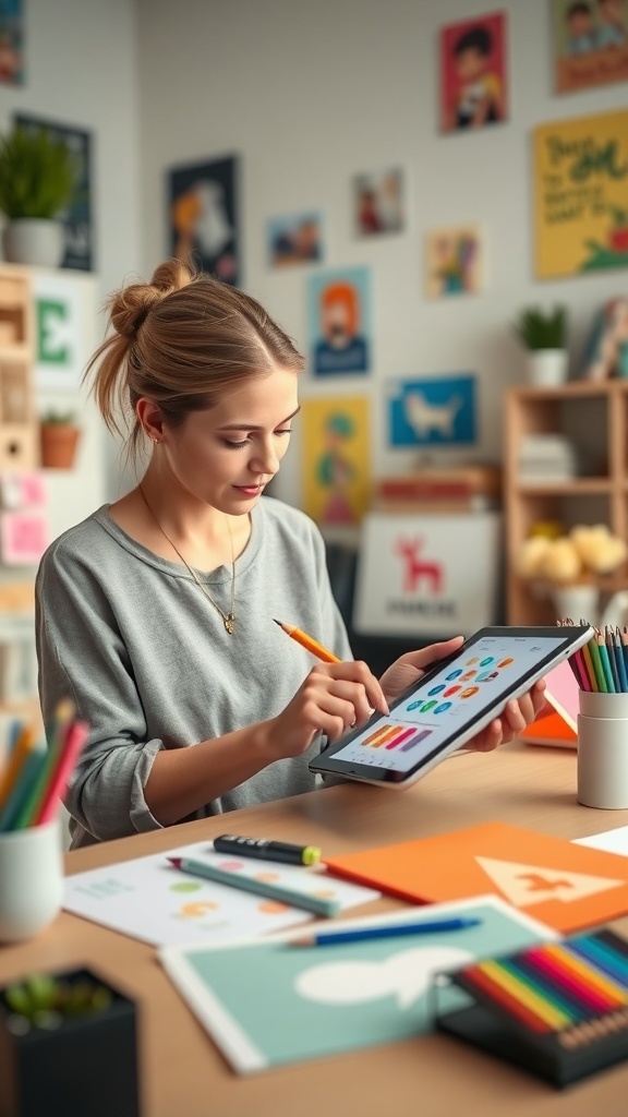 A woman working on a digital tablet, surrounded by colorful stationery and artwork.