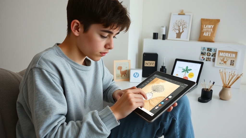 A teenager creating digital art on a tablet in a cozy workspace.