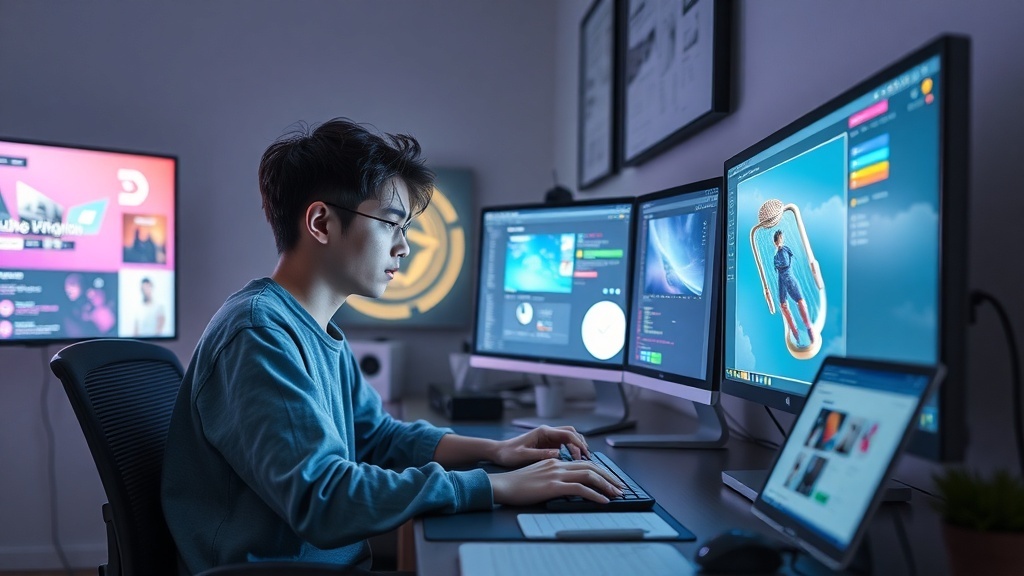 A teenager working on multiple computer screens, focused on digital design and creativity.