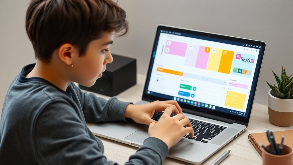 A teenager working on a laptop, focused on creating digital products.