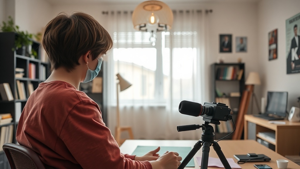 A teenager with a camera set up, preparing to record an online course in a cozy room.