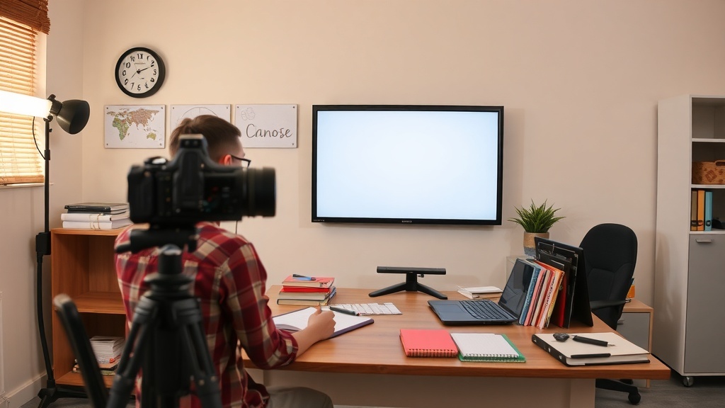 A person preparing to film an online course in a well-organized workspace with a camera and a blank screen.
