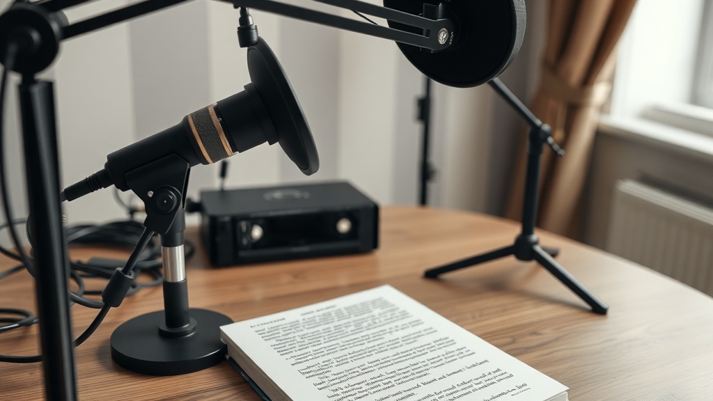 A microphone set up for recording audiobooks, with an open book on a wooden table.