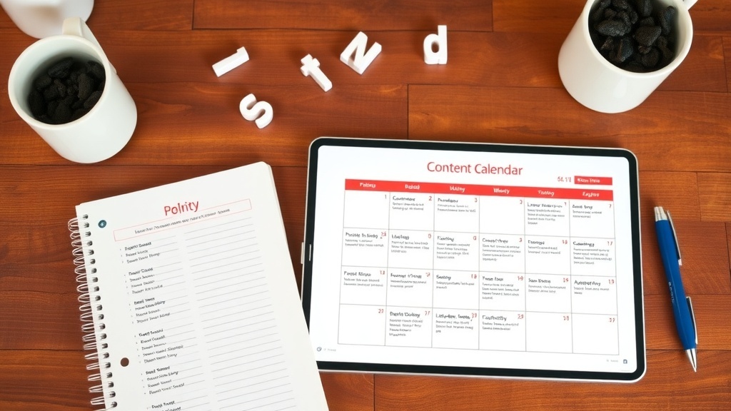 A content calendar displayed on a tablet with a notebook and coffee cups on a wooden table.